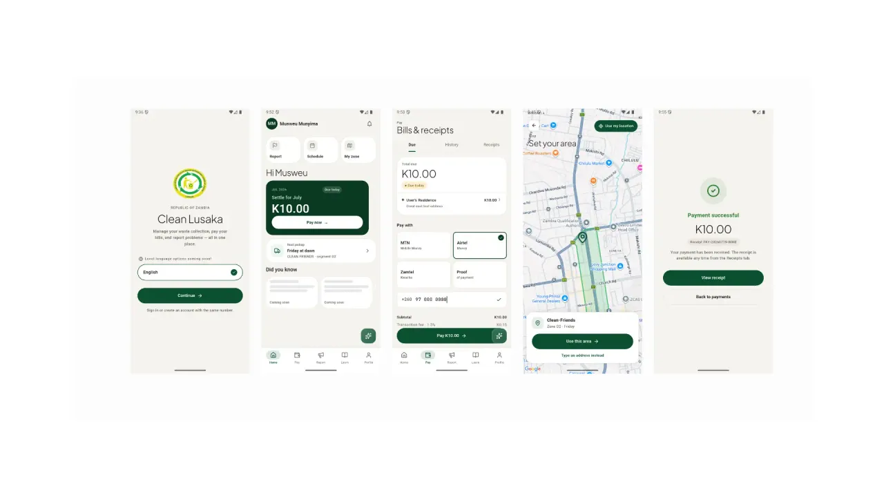 Clean Lusaka mobile application screens for waste collection services and account activity.